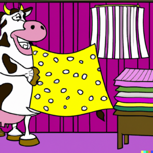 cartoon of a cow selling fabric
